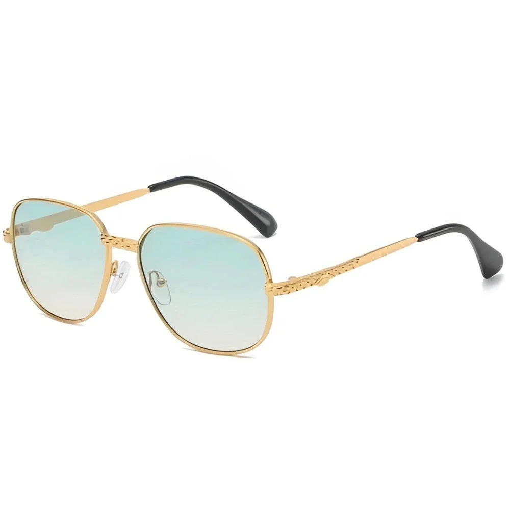 Mens Gold Square Aviator Sunglasses‎ Green Gradient Lens Textured Metal Frames